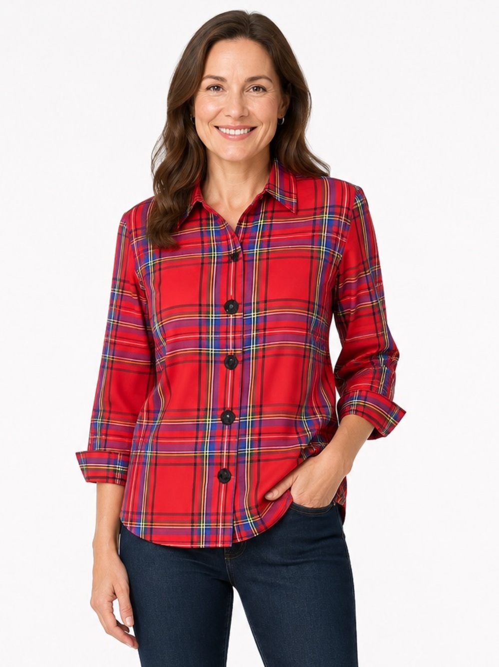 Foxcroft NYC Red Tartan Plaid Wrinkle Free Shirt Womens 12P 3/4 Sleeve NWOT